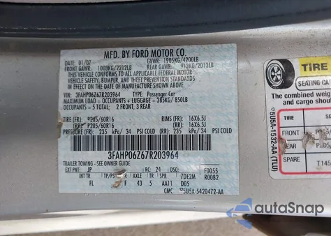 2007 Ford Fusion S from USA, damaged, VIN 3FAHP06Z67R203964